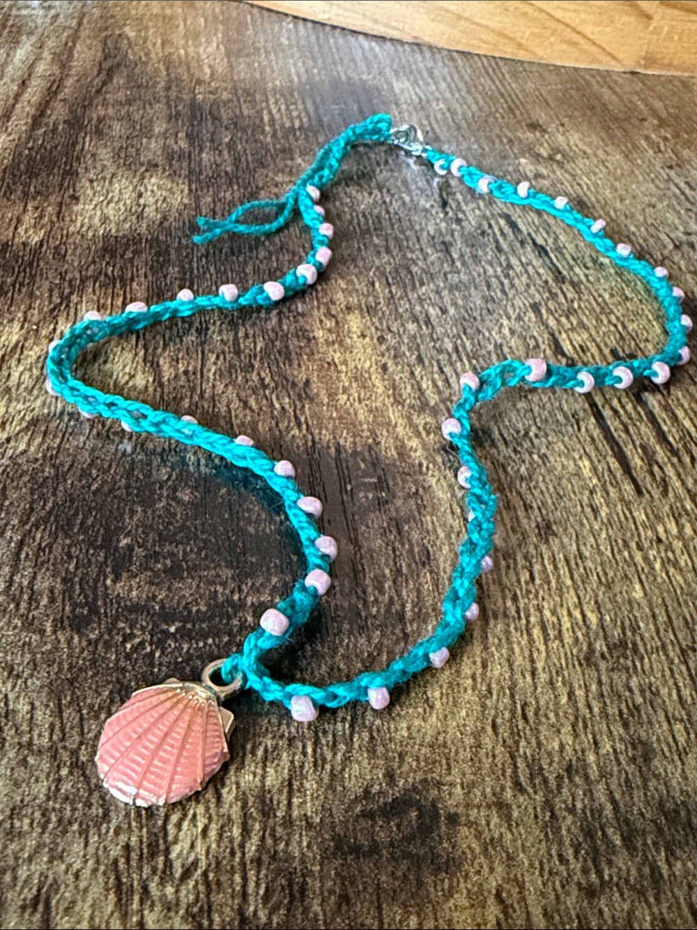 Teal Braided Necklace with Pink Beads and Shell Charm